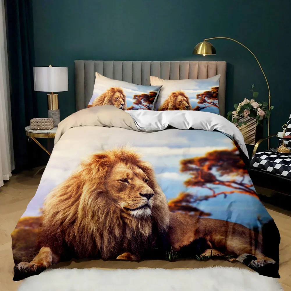 Lion Sunset Duvet Cover Wild Animals 3D Print Lion Tree Pattern Topics of Tropical Animals Boy Girls Men for Bedroom Decoration