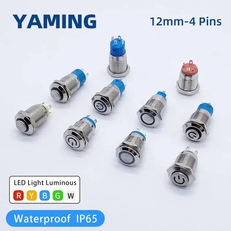 12mm Metal Push Button Switch Momentary/Latching Waterproof 4 Pins LED Bulb Night Light Flat/High Round Self-locking Reset Type
