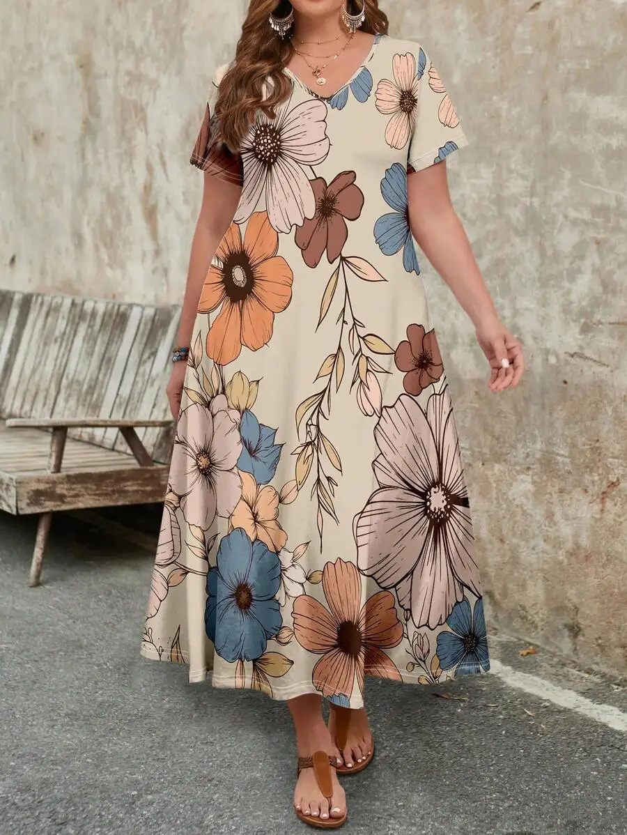 

Women Plus Size Casual V-Neck Short Sleeve Floral Dress Summer Beach Sundress Boho Holiday Outfit