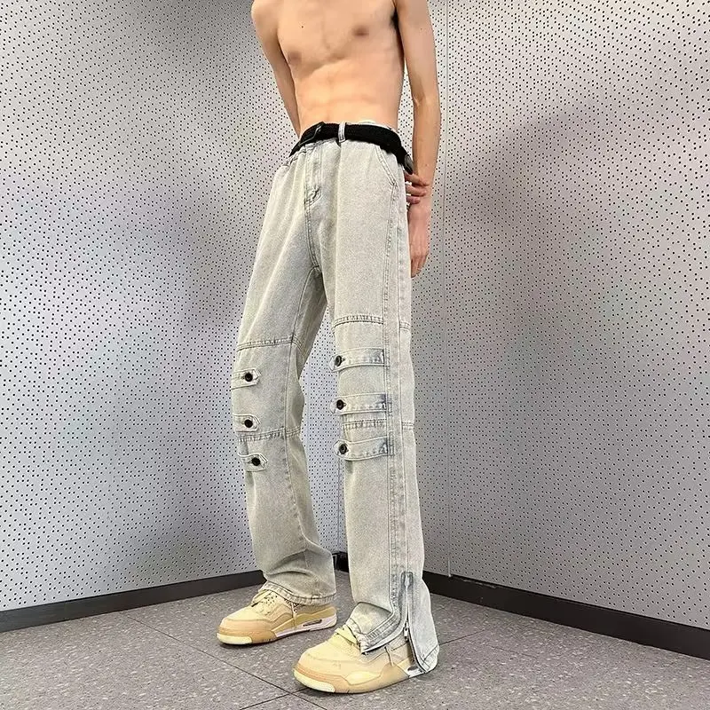 

Jeans men's American style pants High street fashion washed straight leg zipper slit micro flare pants