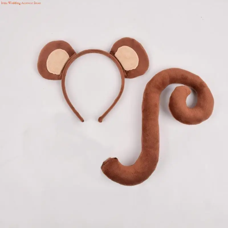 G92D Monkey Ears Headband and Tail Animal Monkey Cosplay Costume for Kid Adult Halloween Birthday Party Stage Performance