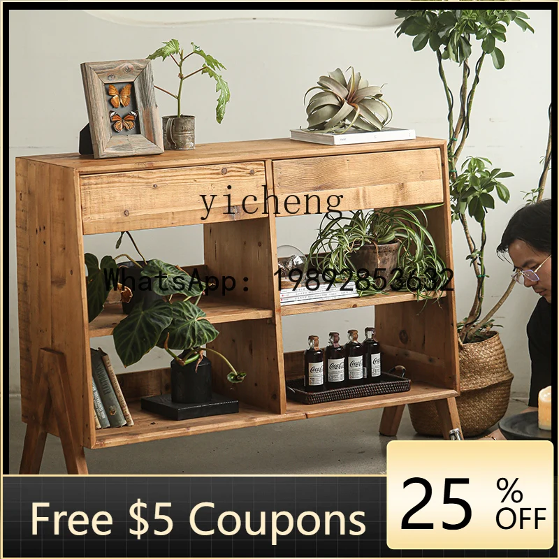 

CC Six-Grid Old Pine Wood Vintage Distressed Entryway Cabinet Wabi-Sabi Style Villa Living Room Sideboard