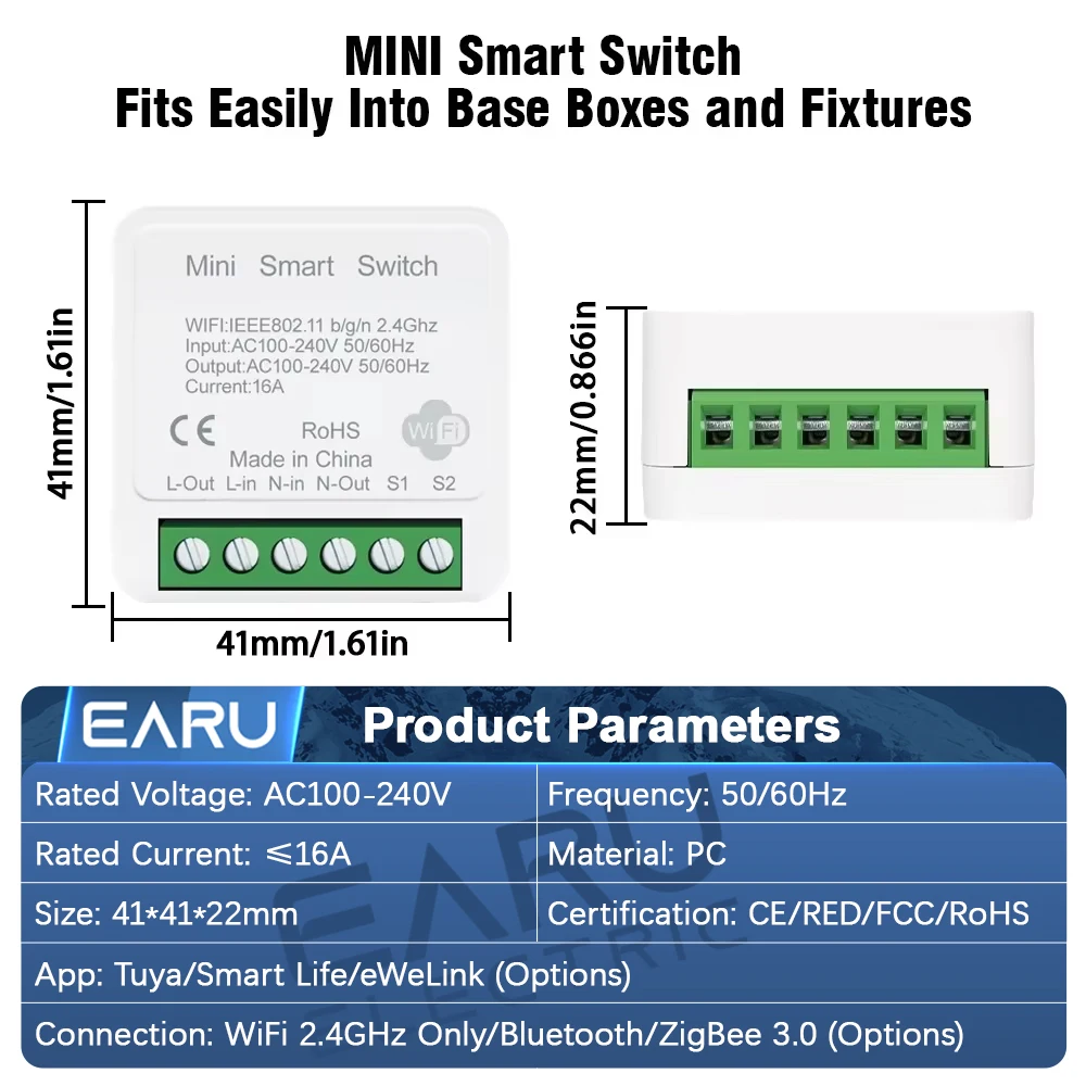 EARU Tuya EWeLink WiFi ZigBee 16A 2 Way Mini WiFi Smart Switch Breaker Module Timer Relay Voice Wireless Remote Control Alexa