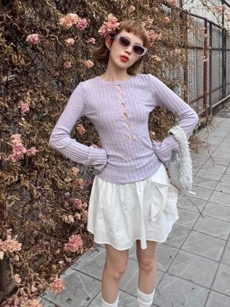 

Y2K Hollow Out Fairy T-Shirt 2025, Grunge Streetwear Knitted Bodycon Top with Flare Sleeves