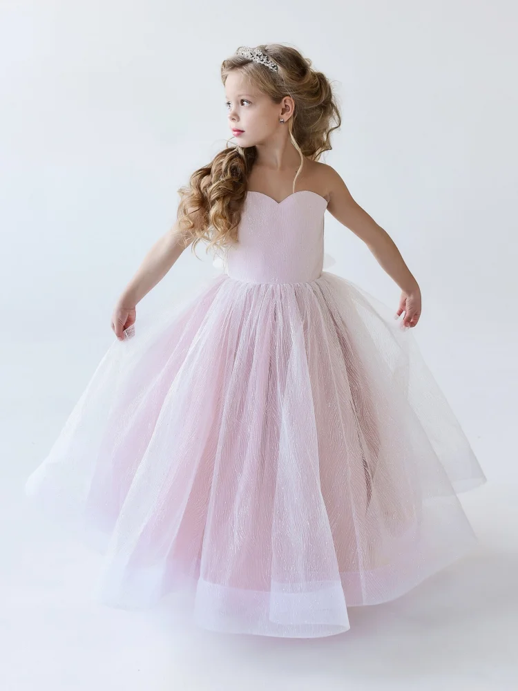 Pink Flower Girl Dresses Tulle Solid With Bow Sleeveless For Wedding Birthday Party Banquet First Communion Gowns