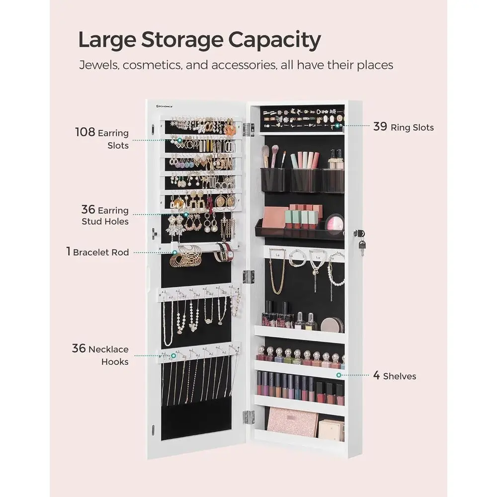 Wall-Mounted Jewelry Armoire with Lock, 2 Storage Trays, Mirror, White - Perfect Christmas Gift UJJC001W01