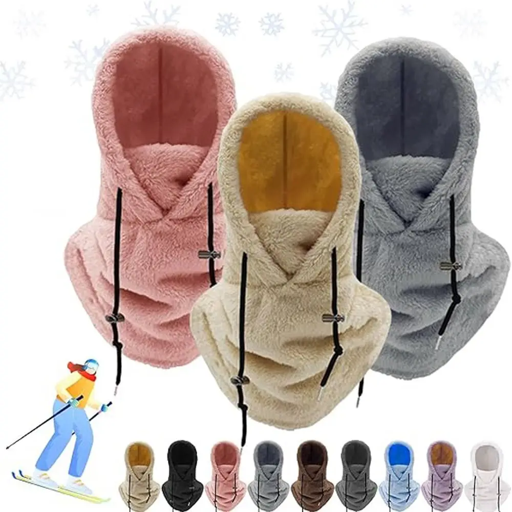 Fashion Plush Sherpa Hood Ski Mask Windproof Thickened Fleece Balaclava Hat Keep Warm Integrated Hat Scarf for Outdoor Sports