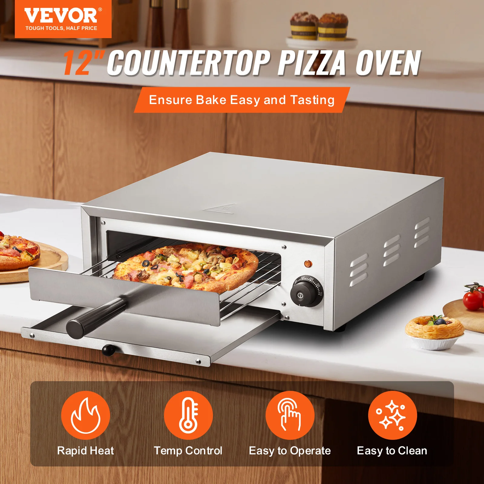 VEVOR Countertop Electric Pizza Oven,12-inch,1500W,122-662℉ Temp Range,Stainless Steel Construction and Easy-to-Clean Crumb Tray