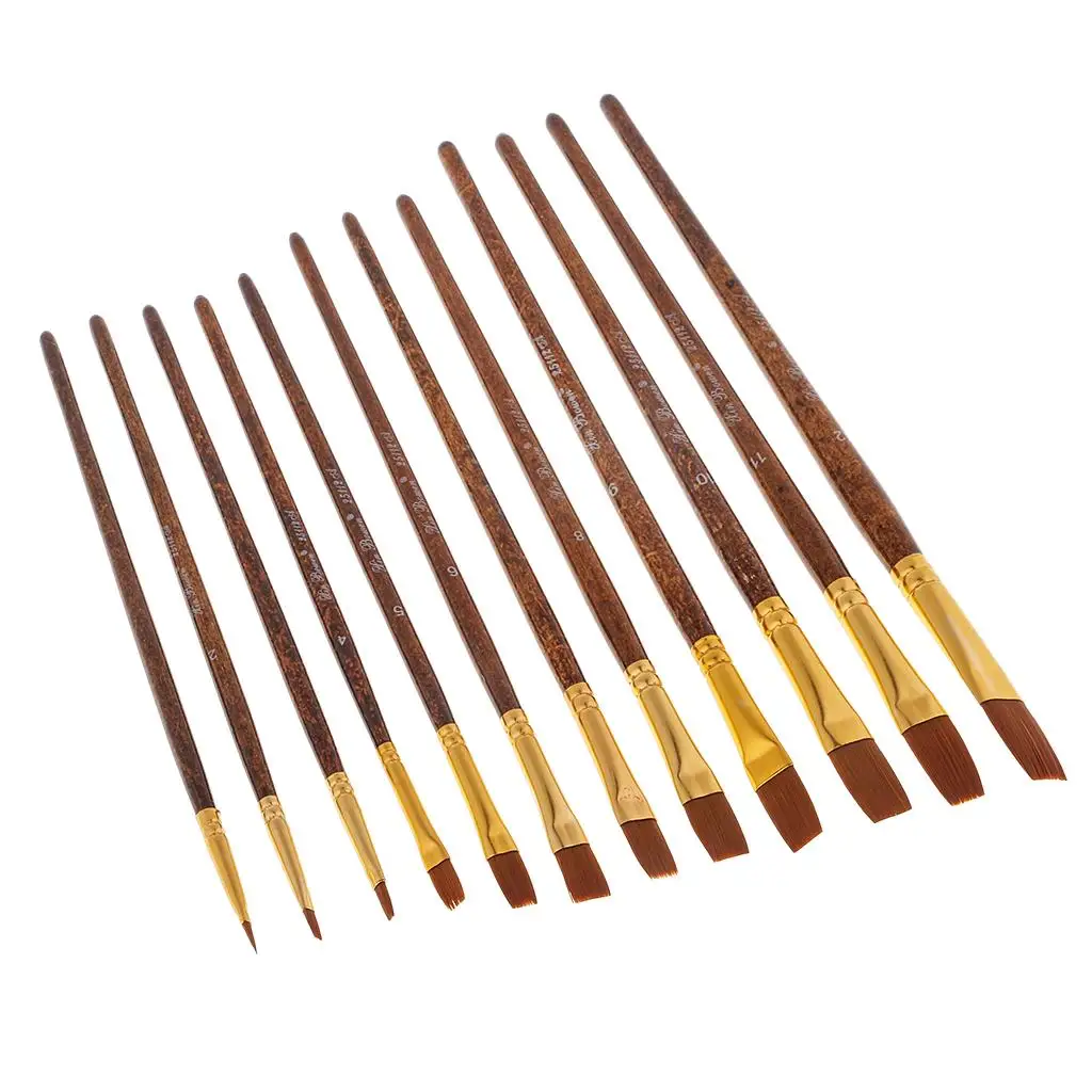 Ensemble de pinceaux avec manche en bois, pinceaux à cheveux en nylon pour peinture à l'huile acrylique, kits de peinture d'artiste professionnel, 12 paquets