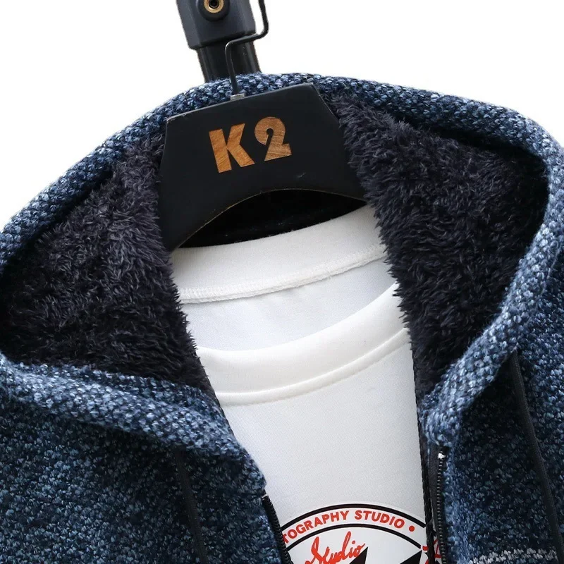 سميكة الصوف الرجال مقنعين سترة مفتوحة سترة كبيرة الحجم الرجال ملابس خارجية مع قبعة الشتاء الدافئة تريكو سترة للرجال