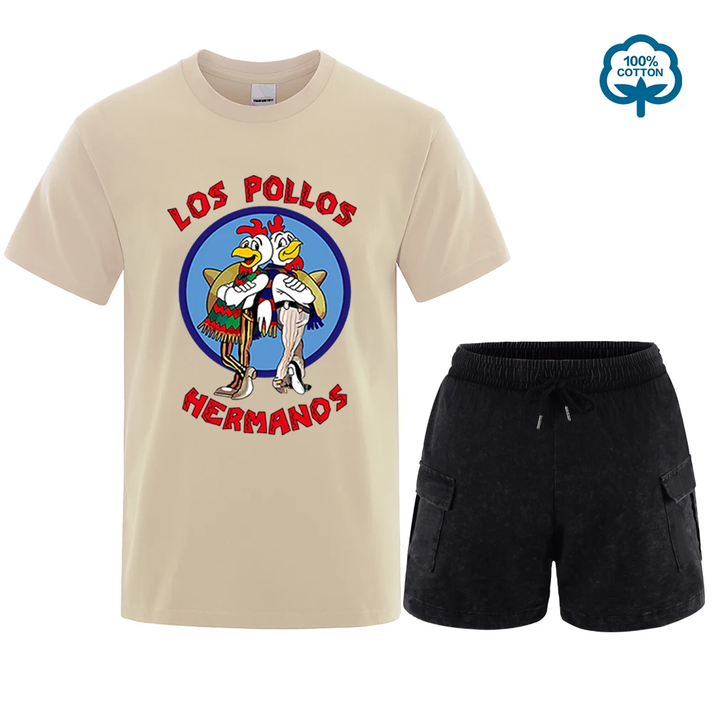 

LOS POLLOS Hermanos Funny Printed T-Shirt Set Men Fashion Casual Short Sleeve Summer Cotton loose Tshirt Chicken Brothers Tee