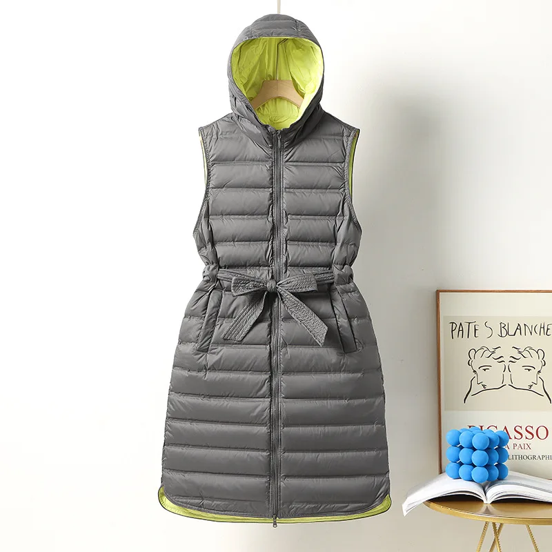 

Ultra Light Down Jackets Women Hooded Extra Long White Duck Down Vest Sleeveless Puffer Jacket Women Winter Waistcoat JK-981