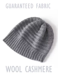 Thick Transverse Lines Women 35 Cashmere Beanies Simple Solid Ribbed Hem Blends Soft Knit Hat Wool Autumn Winter Warm Skull Caps
