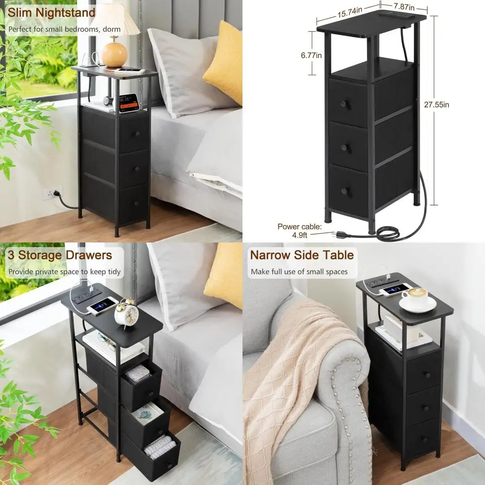 

Black Charging Station End Tables Set of 2 for Living Room, Small Spaces, with Fabric Drawers