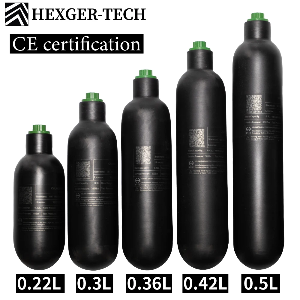

220cc/360cc/500cc 0.3L,0.42L,0.6LHPA Carbon fiber high pressure gas tank, diving breathing gas cylinder 4500Psi, 300Bar, M18*1.5