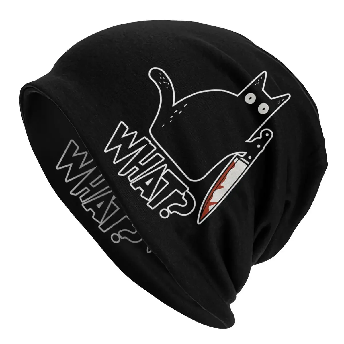 Cat What Murderous Black Cat With Knife Washed Warm Bonnet Windproof Casual Beanies Protection Men Women Hats