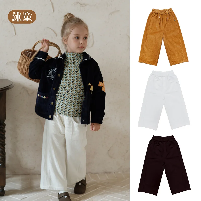 

Брюки для девочек, зима 2024, новый стиль, однотонные модные повседневные детские прямые брюки в стиле ретро, теплые брюки из чистого хлопка