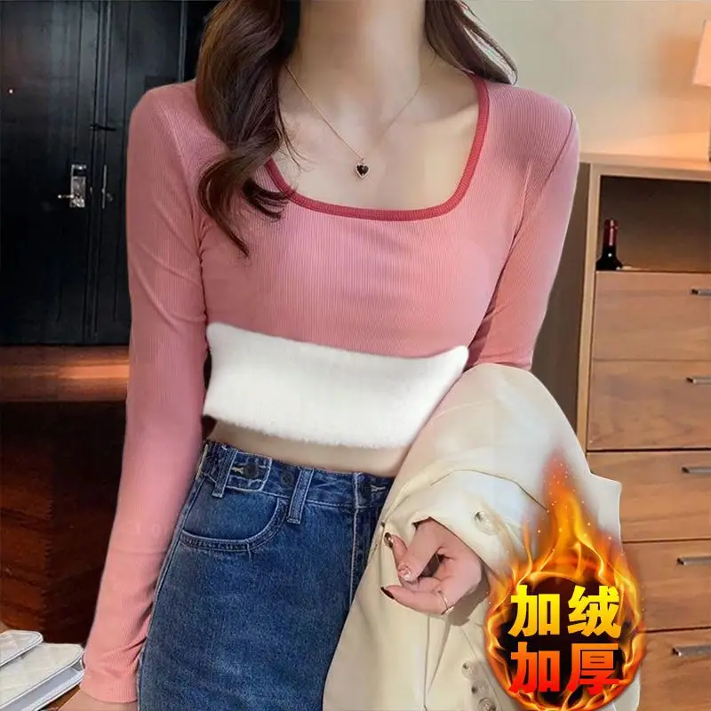 Winter Women's Padded Thickened Warm Long-sleeved T-shirt Fashion Versatile Sexy Square Neck Slim Y2k Top Tees Bottoming Shirt