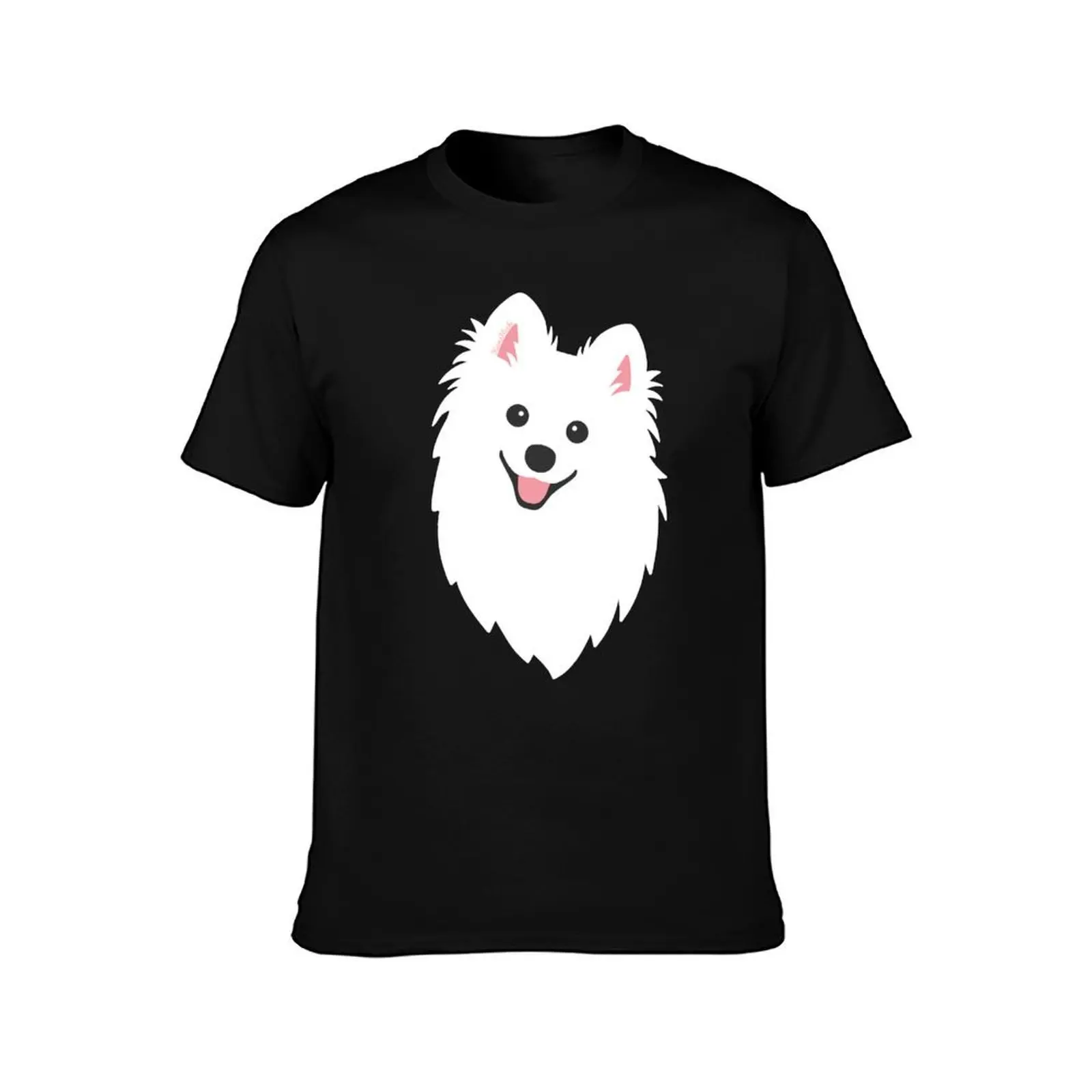 Curious White Spitz Puppy Dog - Charcoal Black T-Shirt Breathable Basic Cotton T-Shirt