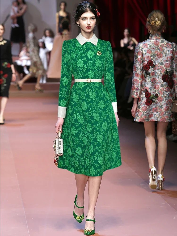 

Autumn Fashion Runway Green Vintage Jacquard Dress Women Lapel Long Sleeve Brooch Sashes Gathered Waist Slim Fit Long Dress