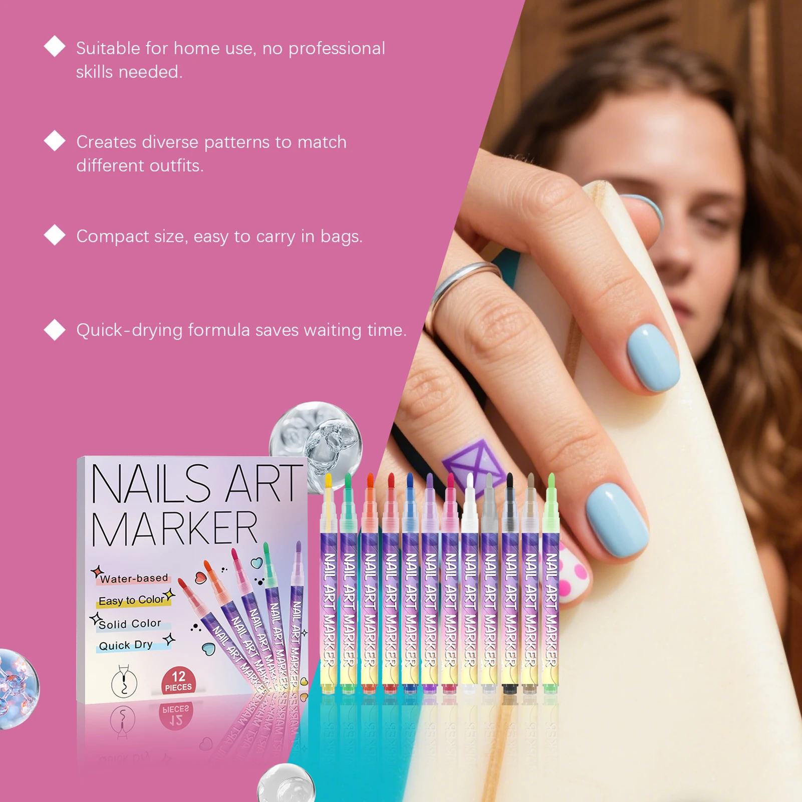 12本のネイルアートペン、細い先端、長持ちする鮮やかな色、DIYマニキュアデザイン用、初心者向けに使いやすい