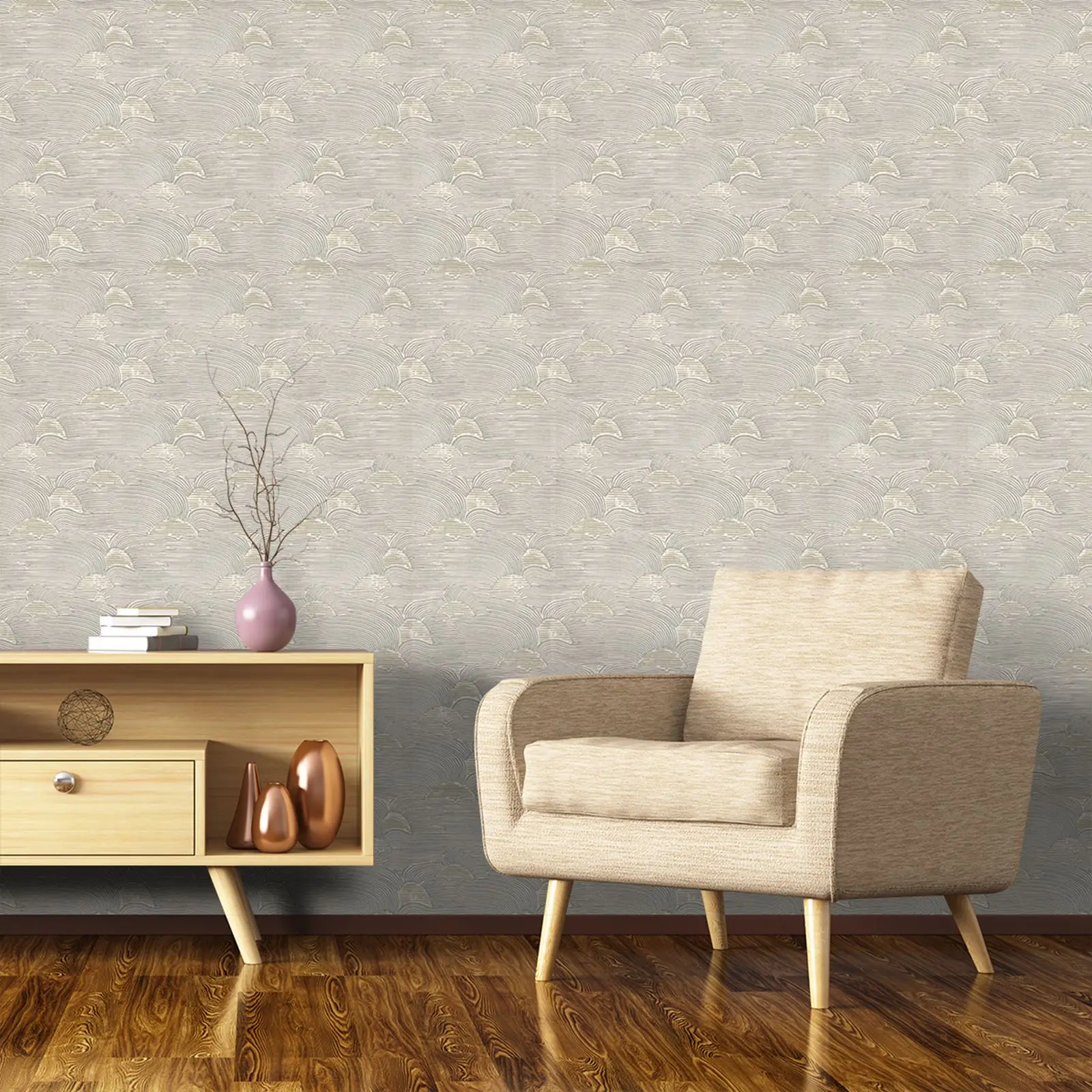 Sunrise Mustard Arches Boho wallpaper, Peel and Stick Wallpaper with Wavy clouds and setting sun in light silver effect