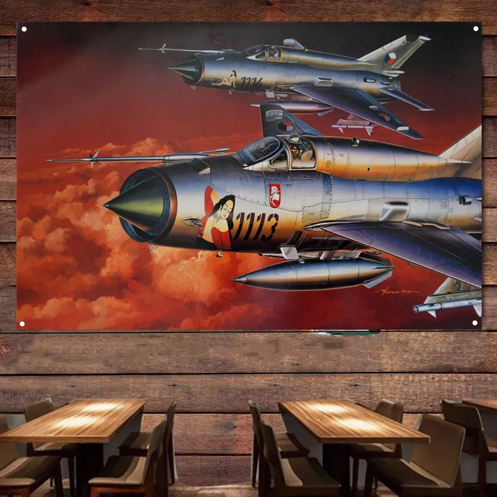 MiG-21 & MiG-23 Fighter Jet Airplane Flag Banners Russian Air Force Military Art Poster Wall Art Tapestry Home Decor Painting