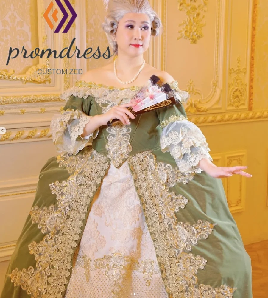 향수 올리브 바로크 시대 이브닝 드레스와 골드 레이스 오프 숄더 플러스 사이즈 르네상스 댄스 파티 드레스 로코코 맞춤형