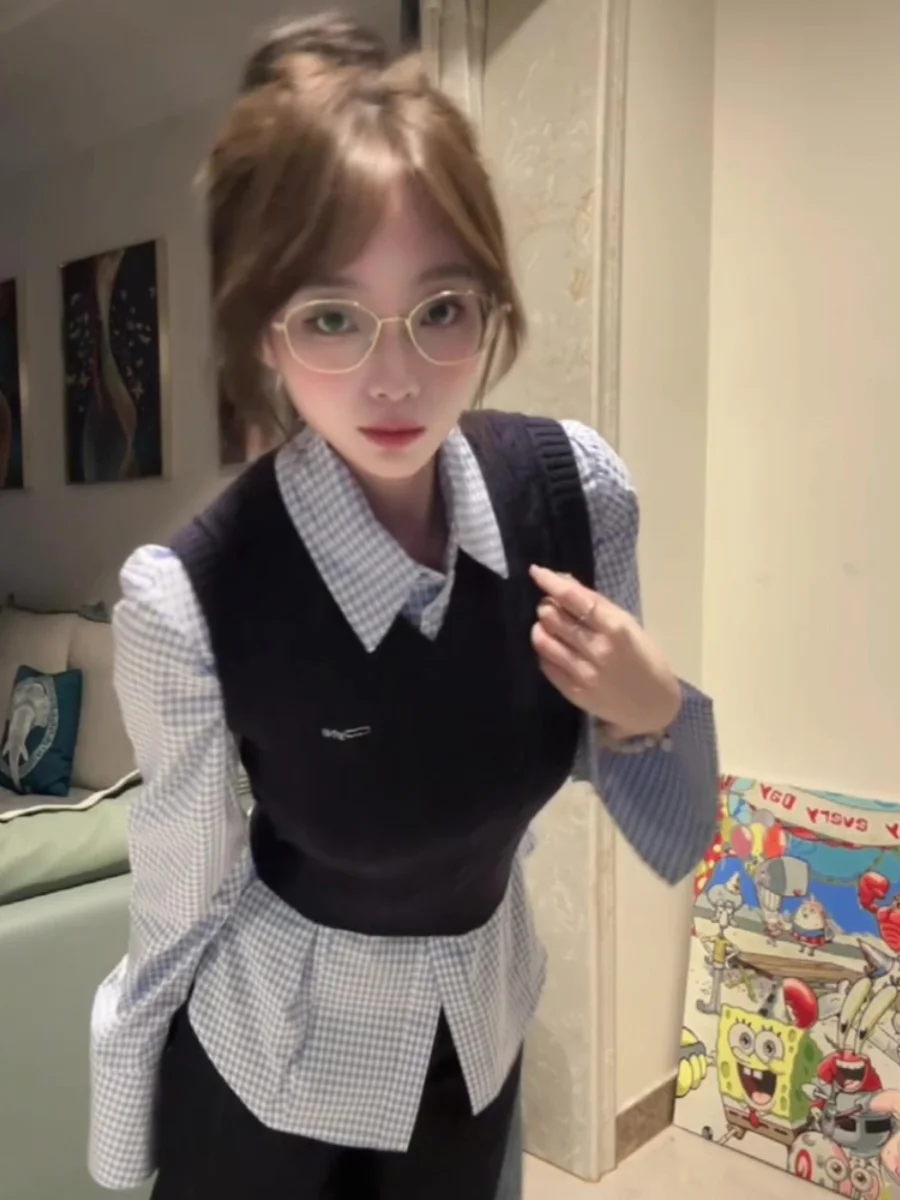 

Blue Shirt And Knitted Vest Set Women Early Autumn New Salt System Maturity Light Two-Piece Set Small Size Matching Outfit