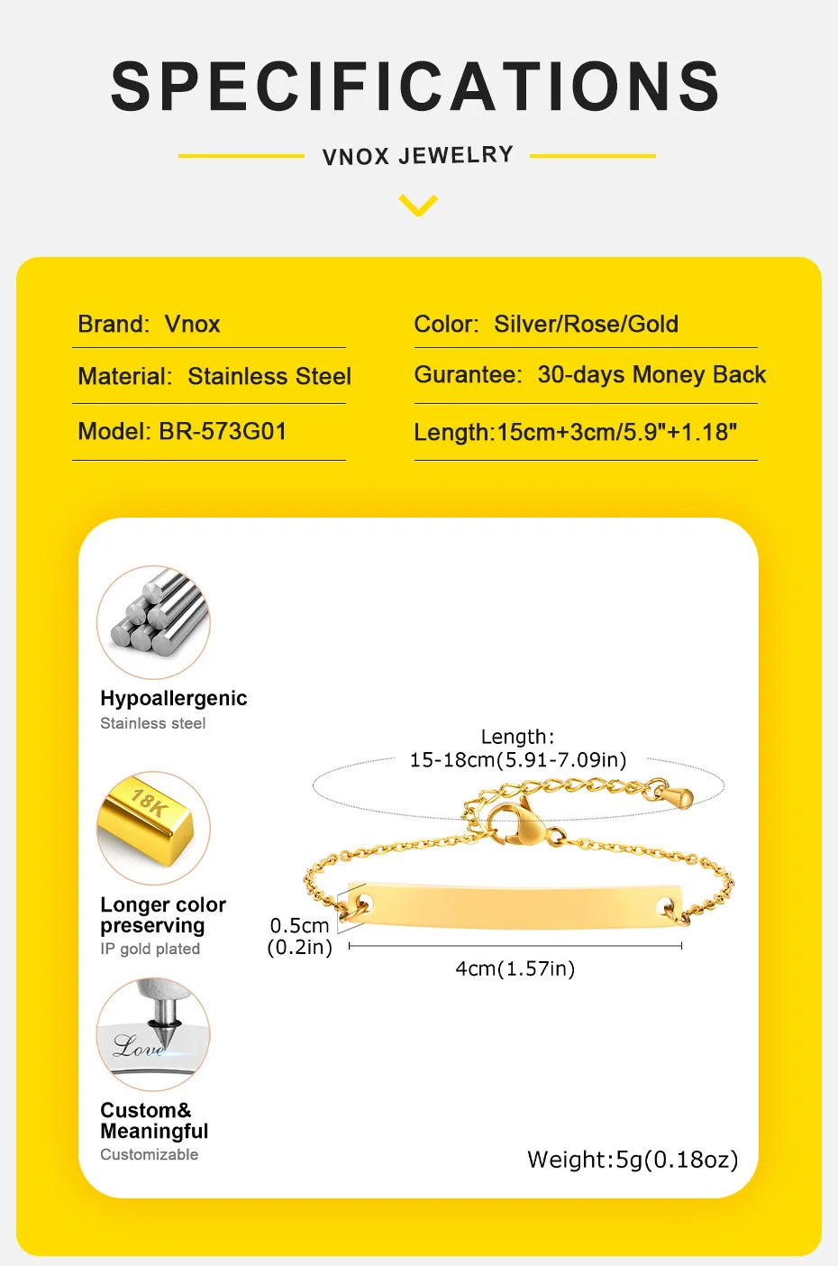 Vnox zierliche kostenlose individuelle Damen-Armbänder, einfache Gravur mit Namen und Datum, Edelstahlstange, verstellbare O-Kabelkette, schickes modisches Geschenk – Detail 7