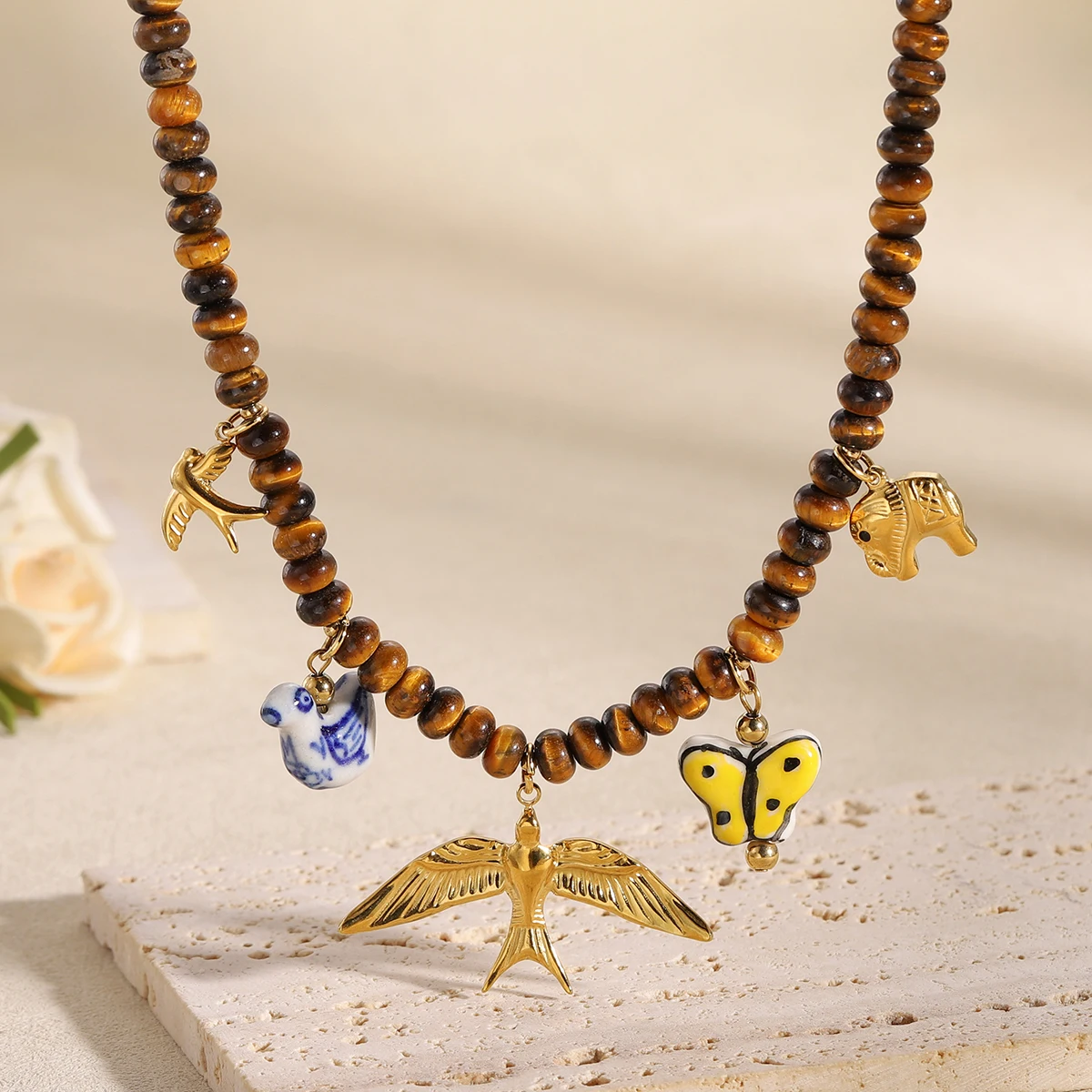 Vintage Multi Animal Charm Tiger Eye Bead Necklace Hand Painted Ceramic Butterfly Blue Porcelain Bird Pendant Gift