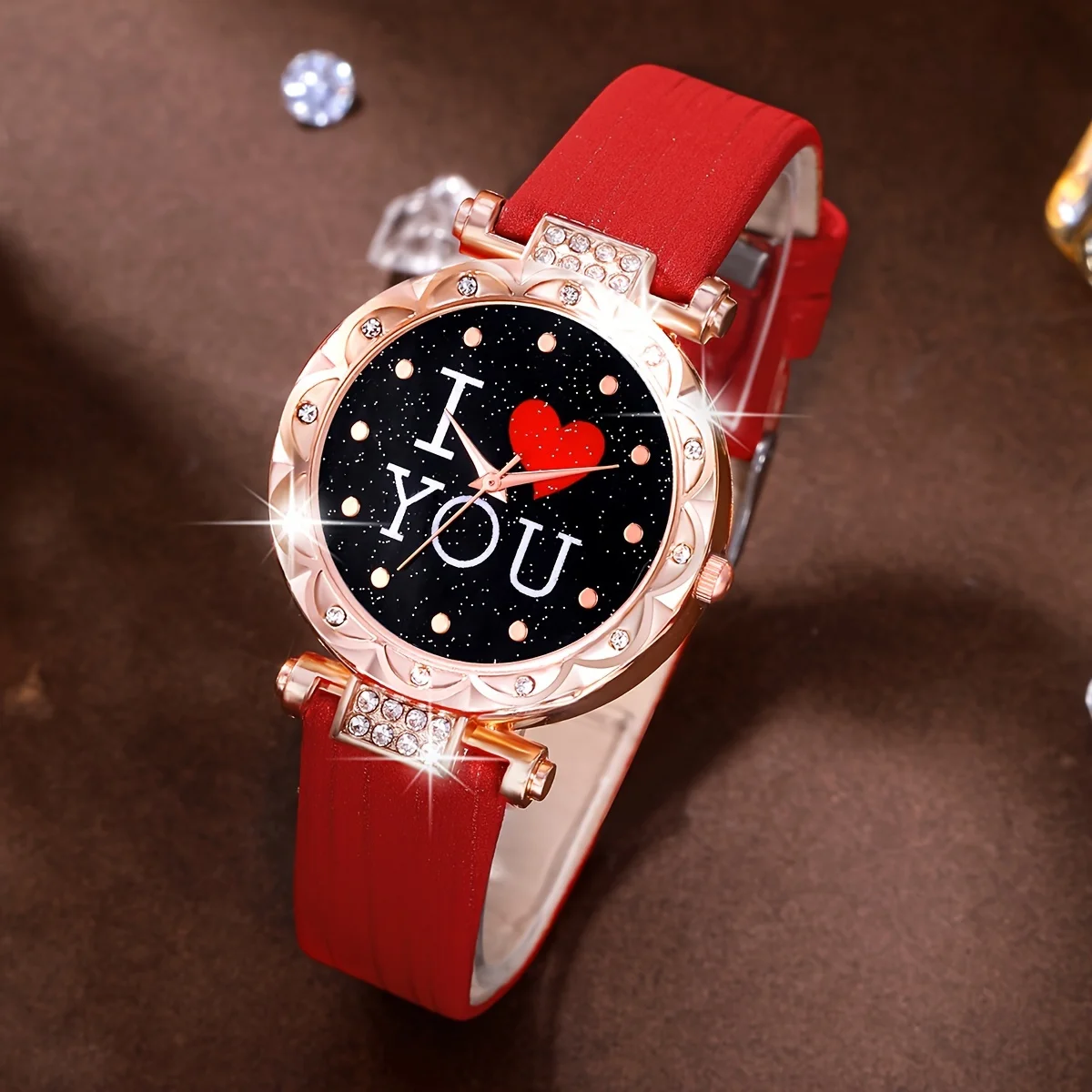 5 Pcs Red Quartz Watches PU Leather Strap Alloy Pointer Zinc Alloy Dial And Rhinestone Necklace Ring For Mother's Day Gifts