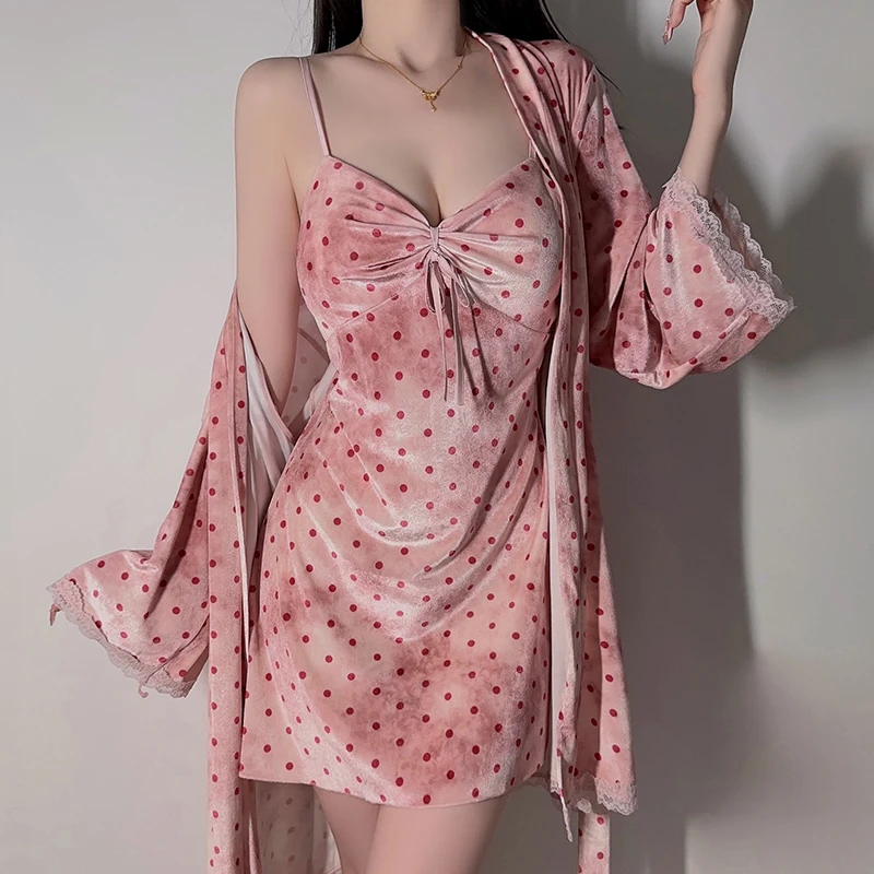 

Winter Autum Sweet Pink Dot Lingerie Sexy Women Robe Set Lenceria Mujeres Sexi Night Dress Woman Sleepwear For Sleeping Couple