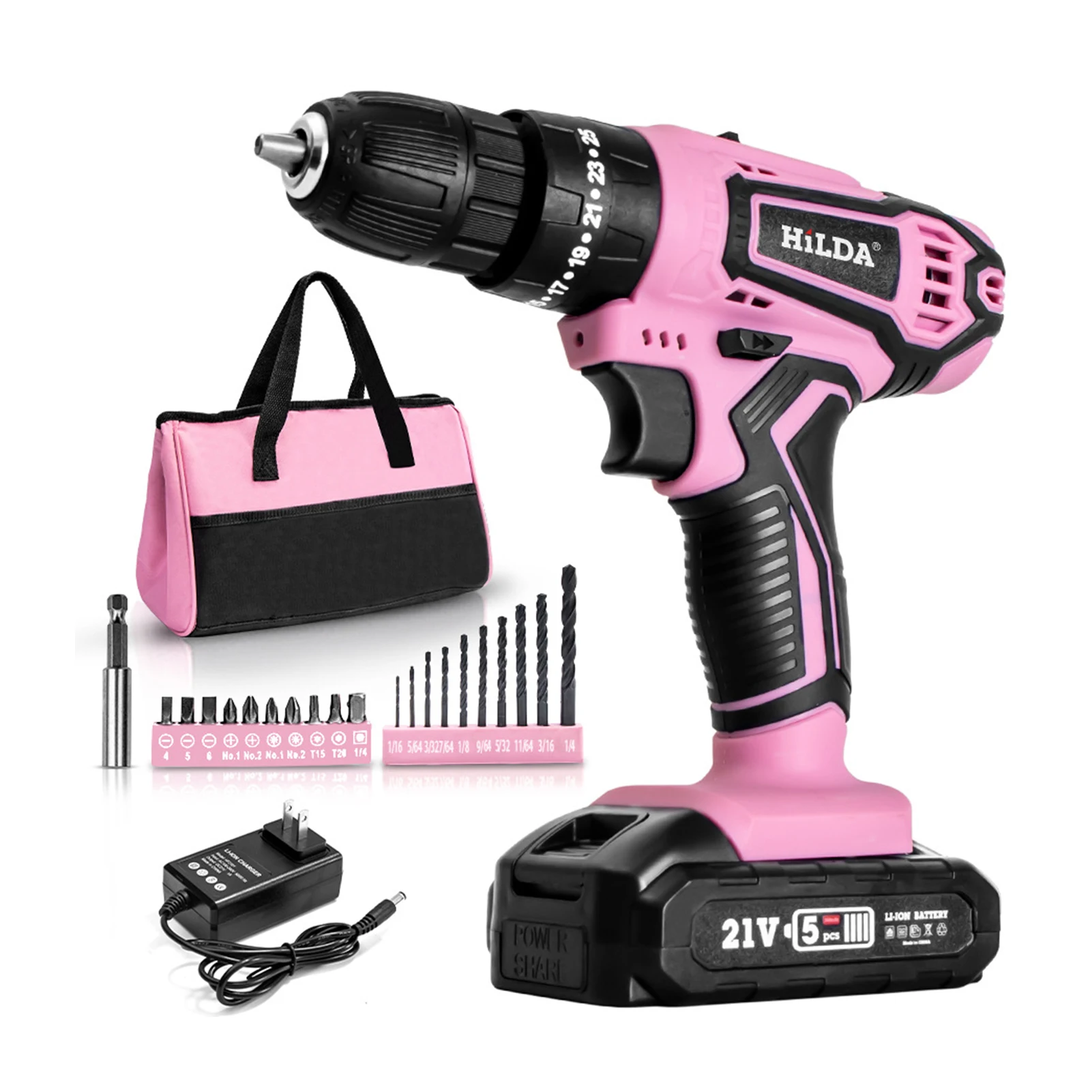 HILDA 21V Rechargeable Household Impact Drill Lithium Battery Hand Drill Electric Screwdriver Set with Drill Bits Bag