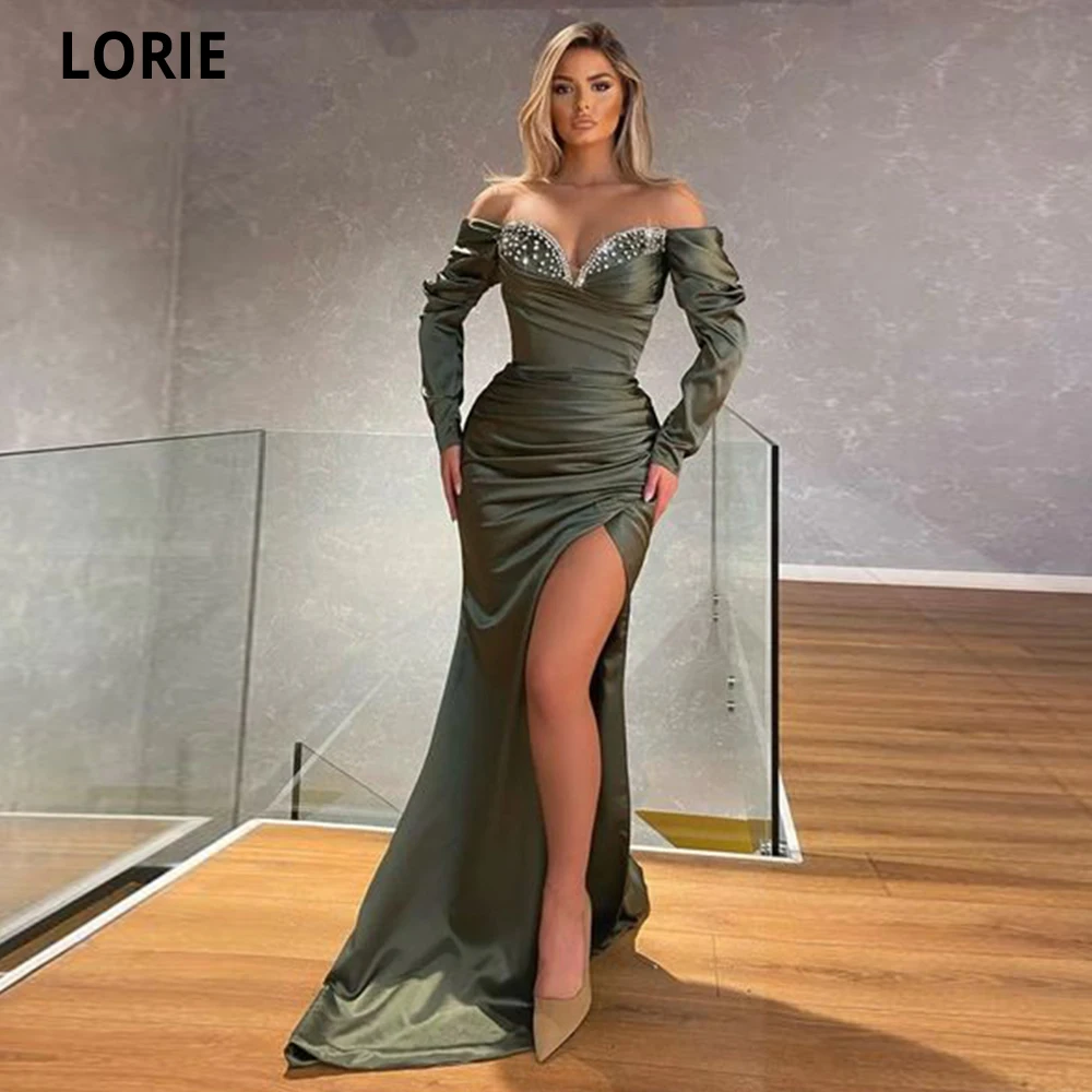 

LORIE Elegant Long Green Mermaid Leg Split Prom Dress Sparkly Beadings Evening Gowns Party Graduation Dresses Vestido De Noche