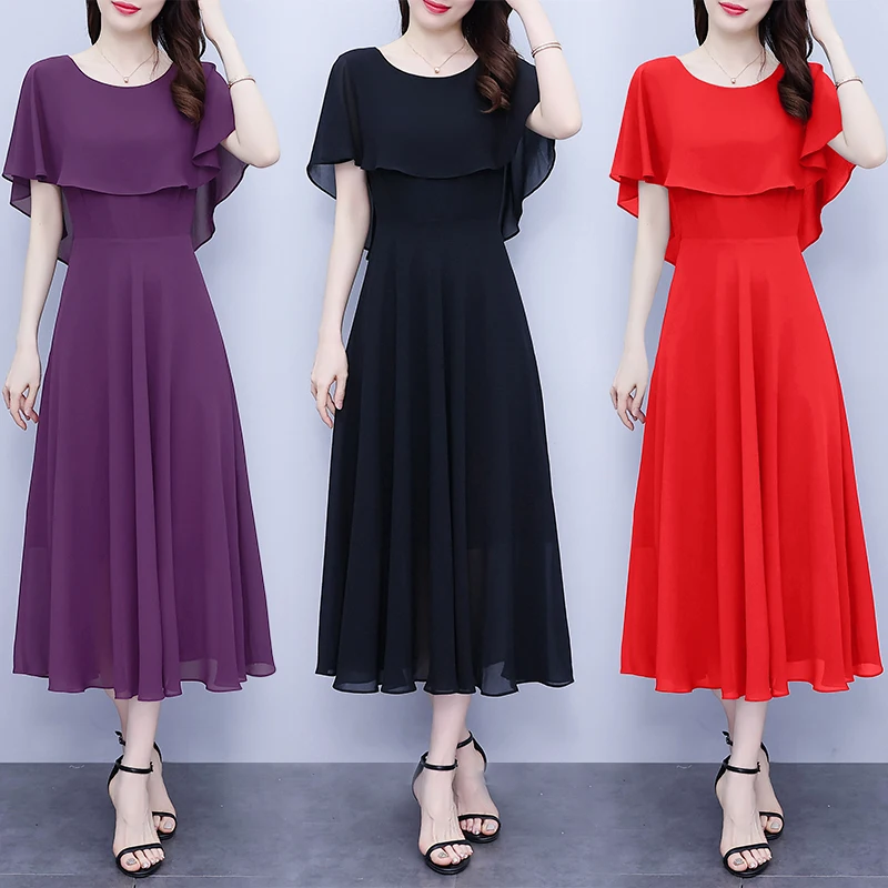 L-5XL Fashion Chiffon Long Dress Women Summer Short Sleeve Ruffle Solid Purple Black Red Beach Dress 2024 New