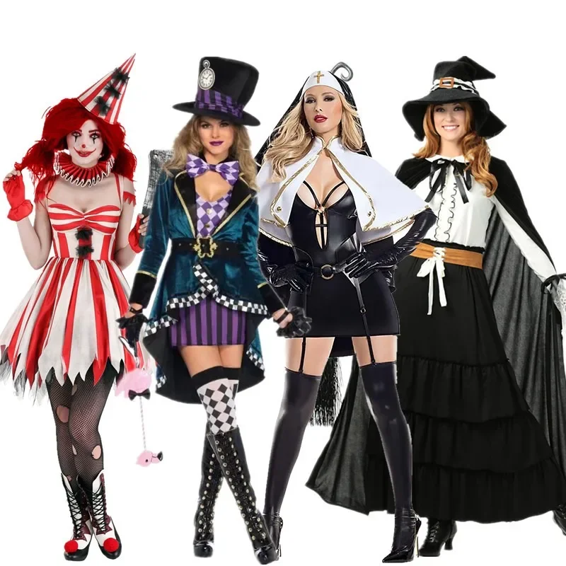 Disfraces de payaso para mujer, vestido de fiesta de Carnaval para adultos, trajes aterradores, reloj de Halloween, ropa de Sombrerero Loco, esmoquin Sexy para espectáculo de magia