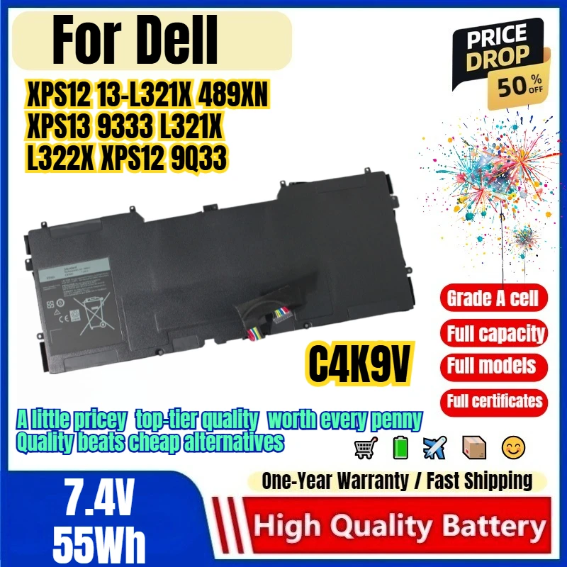 C4K9V for Dell XPS12 13-L321X 489XN XPS13 9333 L321X L322X XPS12 9Q33 Laptop Battery Replacement Bateria Grade A Cell with Tools