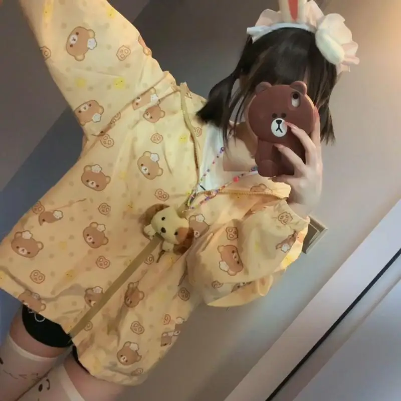 New Kawaii Cute Rilakkuma Long Sleeved Jacket Hooded Sun Protection Clothing Cartoon Anime Printed Sweet Tops Girl Birthday Gift