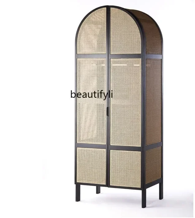 xzAmerican-Style Solid Wood Wardrobe Nordic Simple Locker Vintage Rattan Two-Door Wardrobe Designer Storage Cabinet