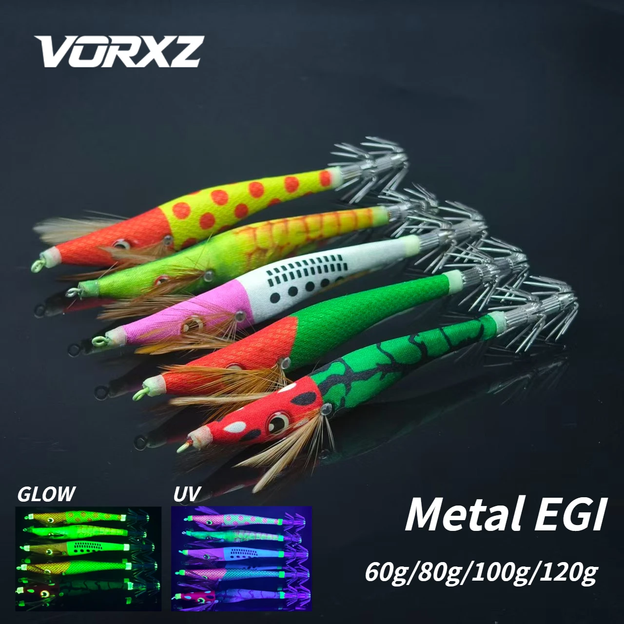 Metall-Egi-Set 60g 80g 100g 120g UV-Leuchtender Metall-Tintenfischköder Stoffköder Echte Garnelen-Imitation Tiefsee-Tintenfisch-Oktopus-Angelköder