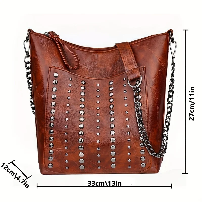 Vintage Style Studded Versatile Shoulder Bag Rivet PU Leather Shoulder Bag Large Capacity Zipper Punk Style Trendy Crossbody Bag