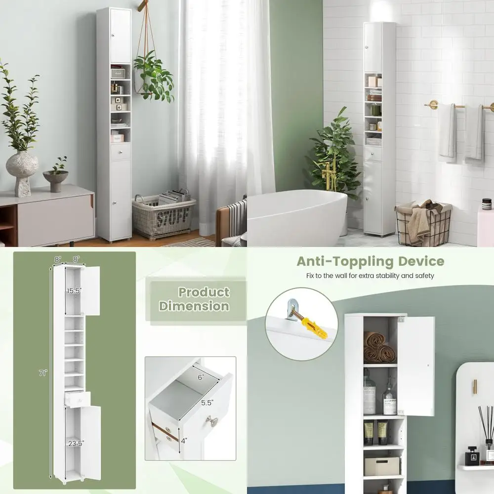 

71 High Slim Storage Cabinet for Bathroom, 1 Drawer, 2 Doors, 5 Shelves, White