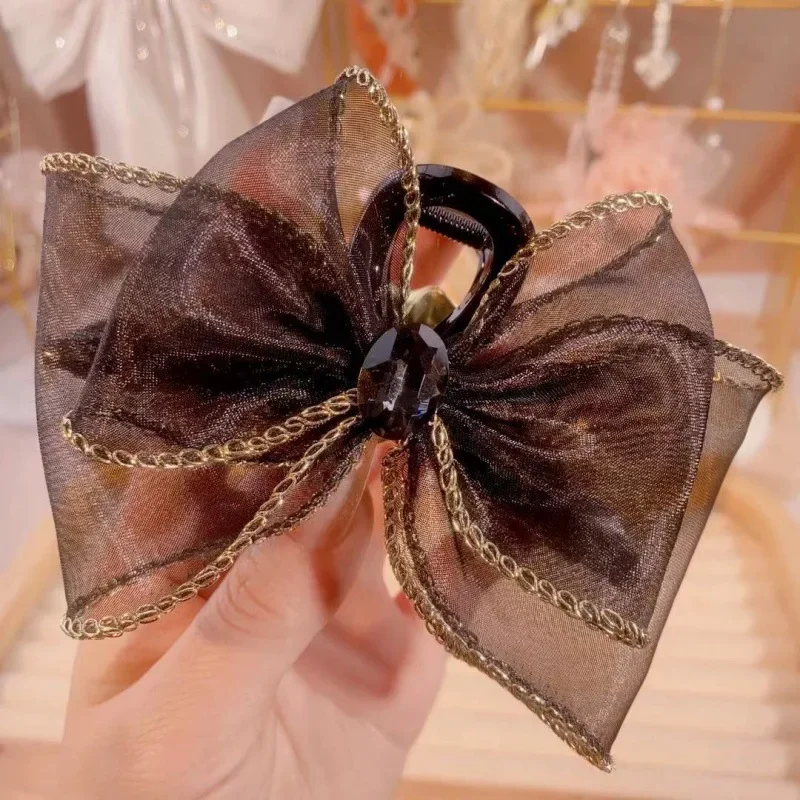 High Quality New Arrival Camellia Flower Bow Hair Claw Black Yarn Casual Floral Accessories for Women