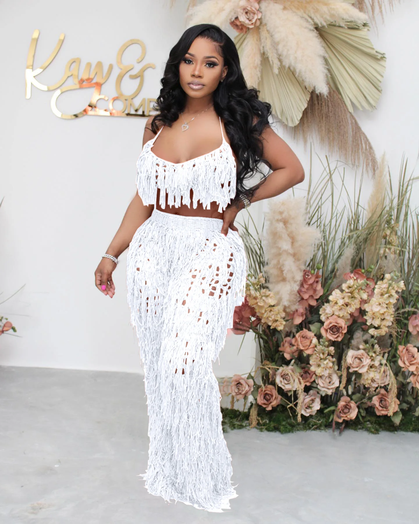 Knit Rib Tassel 2 Piece Set Summer Beach Wear Sexy Fishnet Halter Lace Up Crop Top + Pants See Through Tracksuit Women Outfits