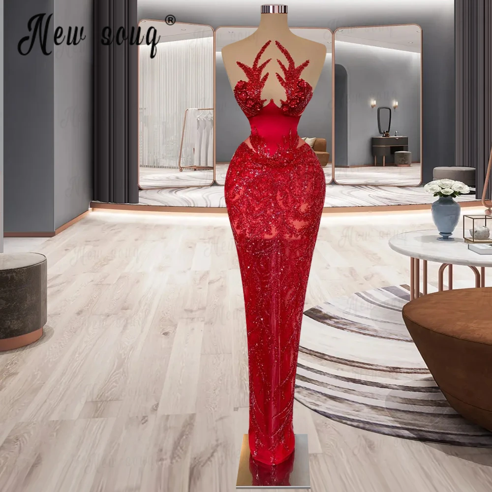 

Couture Red Formal Night Gown Dinner Dress Party Gown Arabic Full Beading Vestidos De Fiesta Sleeveless Robe Soirée Female