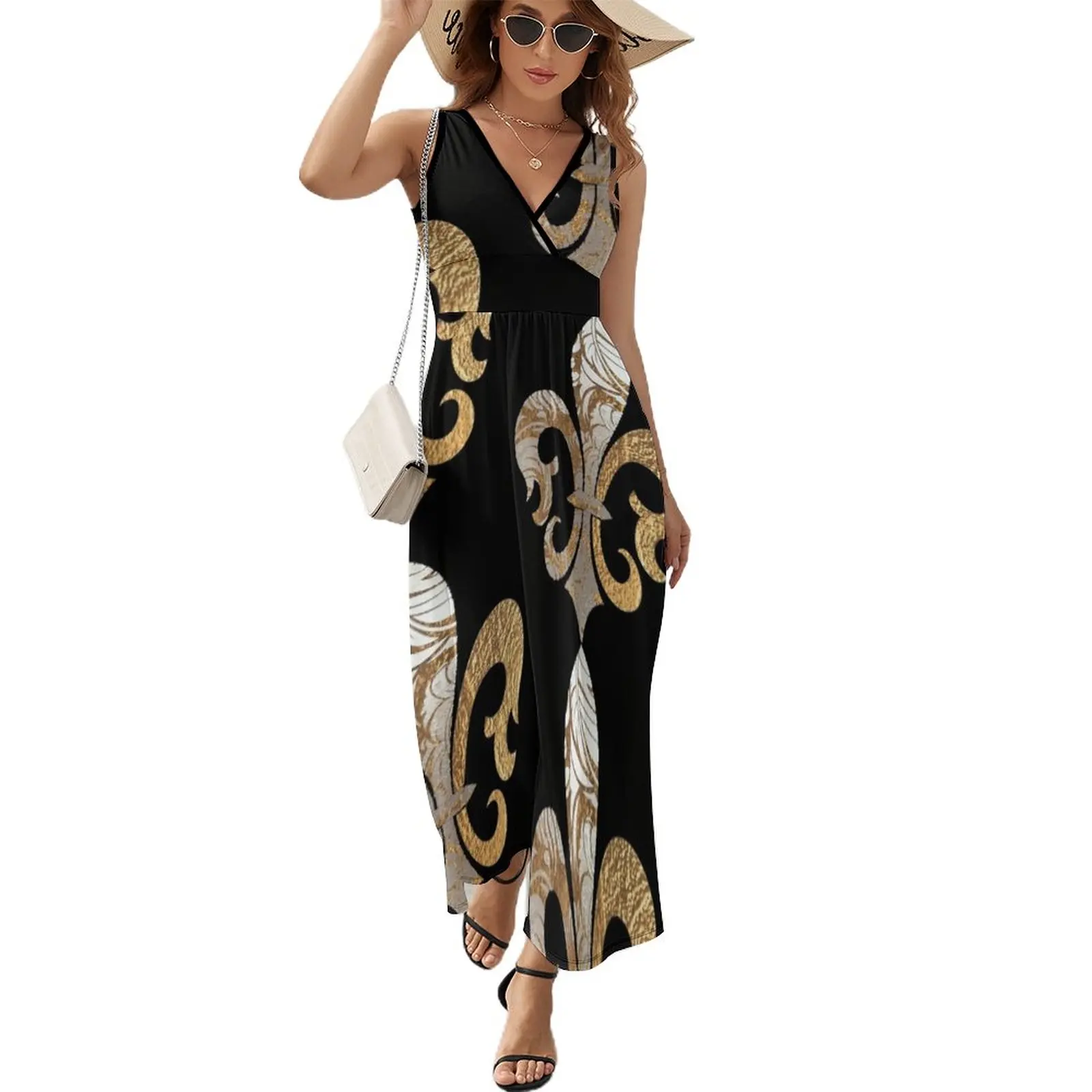 

Fleur de Lis, Faux Silver+Gold Damask Sleeveless Dress Long dress woman elegant women's dresses for wedding Women's summer dress