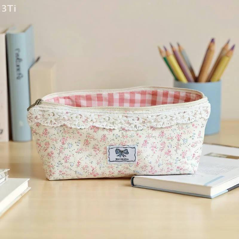 Bolsa de lápices Floral rosa con adorno de encaje, organizador de papelería para niñas, bolsa para bolígrafos de gran capacidad, suministros escolares y de oficina