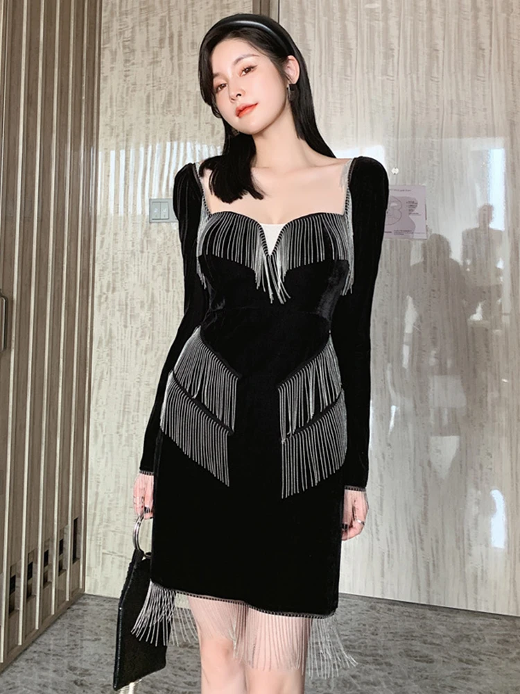 Autumn Winter Women Mini Dress 2023 Elegant Retro Black Velvet Long Sleeve Tassel Chain Bodycon Femme Clothes Party Prom Vestido