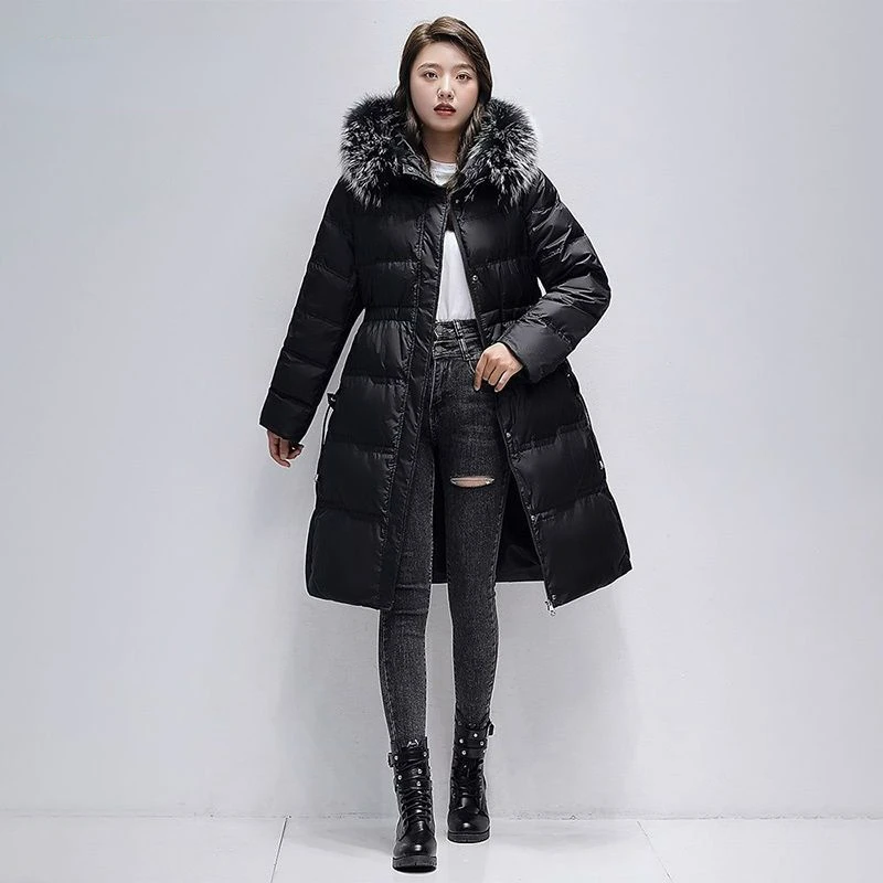 

2023 New Women Down Jacket Winter Coat Female Mid Length Version Parkas Thick Warm Slim Fit Outwear Hooded Fur Collar Overcoat